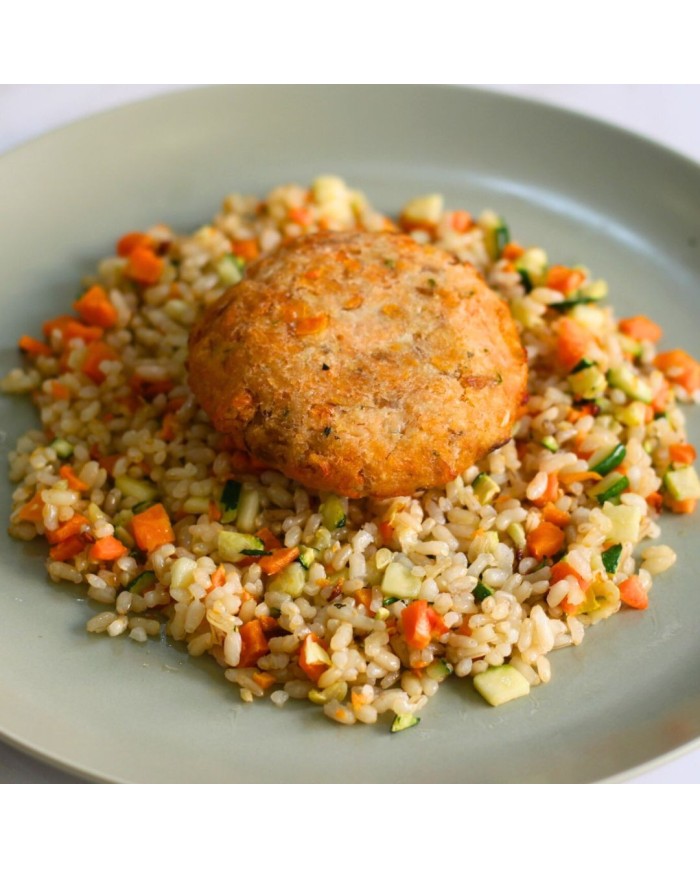 Fit XL - HAMBURGUESA DE SALMÓN CON ARROZ Y VERDURITAS