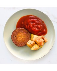 HAMBURGUESA DE LENTEJAS CON PATATAS Y SALSA DE TOMATE CASERA