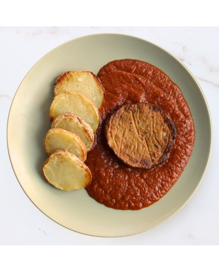 HAMBURGUESA DE GARBANZOS CON PATATAS Y SALSA DE TOMATE