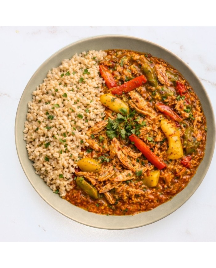 GUISO DE TINGA DE POLLO CON ARROZ INTEGRAL