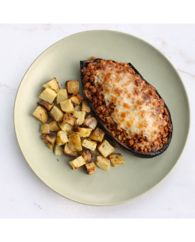 veggie BERENJENA RELLENA DE SOJA TEXTURIZADA PATATA ASADA