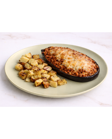 veggie BERENJENA RELLENA DE SOJA TEXTURIZADA PATATA ASADA