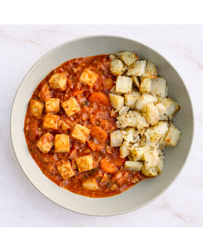 veggie TOFU EN SALSA DE TOMATE CON PATATAS ASADAS