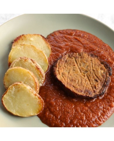 HAMBURGUESA DE LENTEJAS CON PATATAS Y SALSA DE TOMATE CASERA