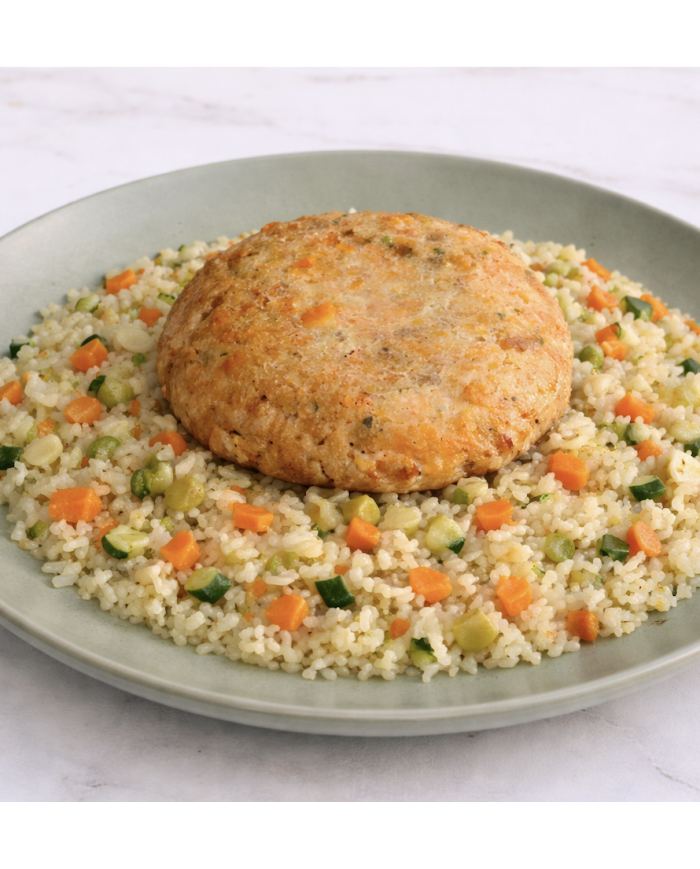Fit XL - HAMBURGUESA DE SALMÓN CON ARROZ CREMOSO