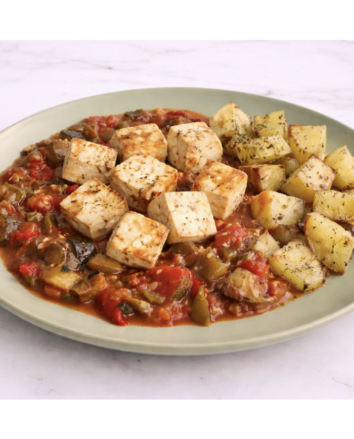 veggie TOFU CON PISTO CASERO Y PATATAS ASADAS