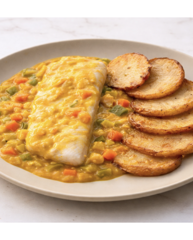 MERLUZA EN SALSA DE MOSTAZA CON PATATAS Y VERDURITAS