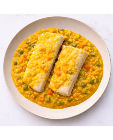 keto MERLUZA EN SALSA DE MOSTAZA CON VERDURITAS