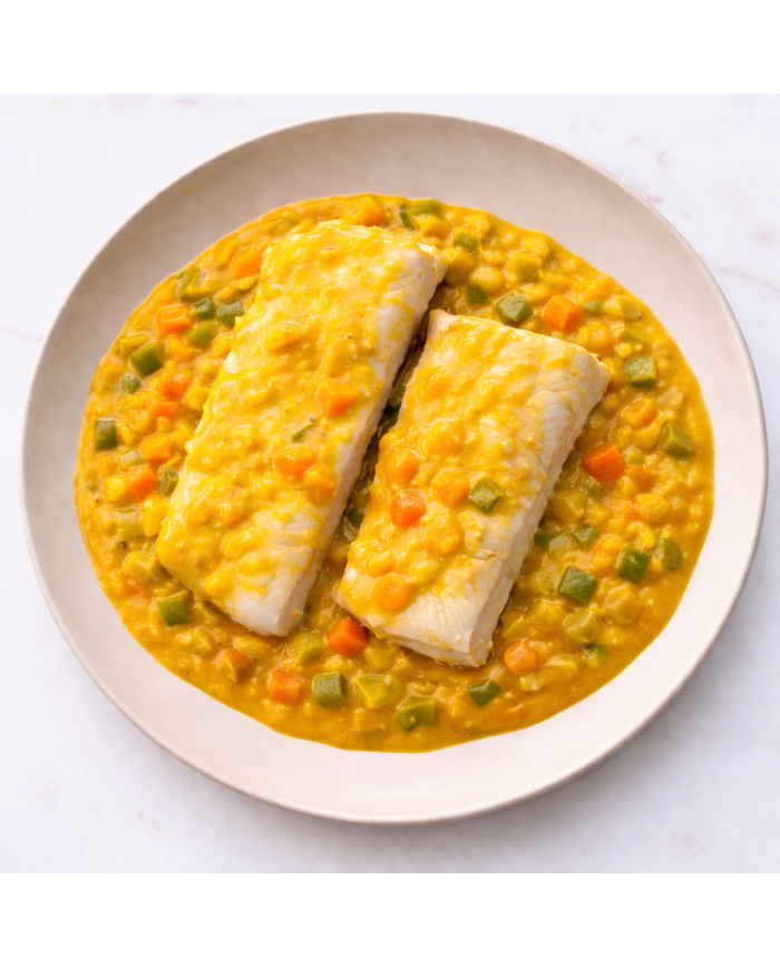 keto MERLUZA EN SALSA DE MOSTAZA CON VERDURITAS