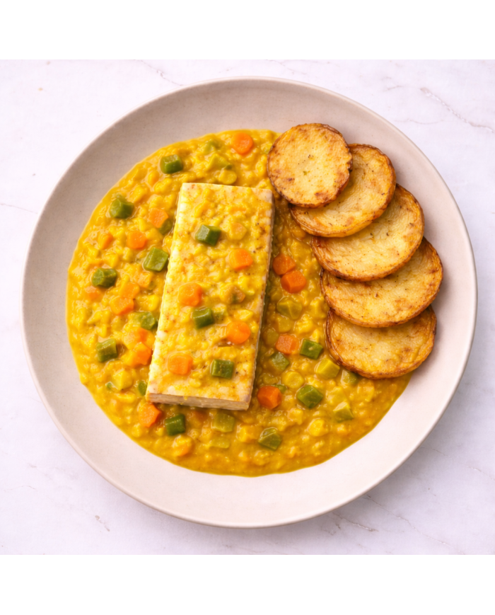 veggie TOFU EN SALSA DE MOSTAZA CON PATATAS Y VERDURITAS