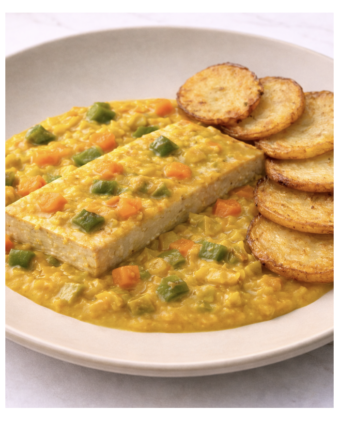 veggie TOFU EN SALSA DE MOSTAZA CON PATATAS Y VERDURITAS