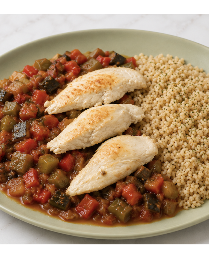 CONTRAMUSLO CON PISTO Y ARROZ INTEGRAL