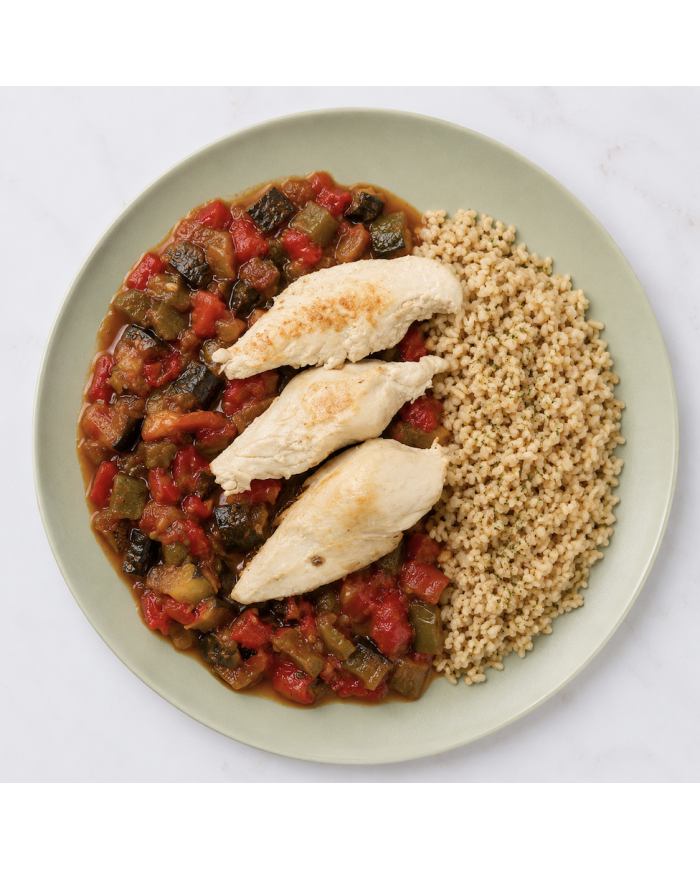CONTRAMUSLO CON PISTO Y ARROZ INTEGRAL