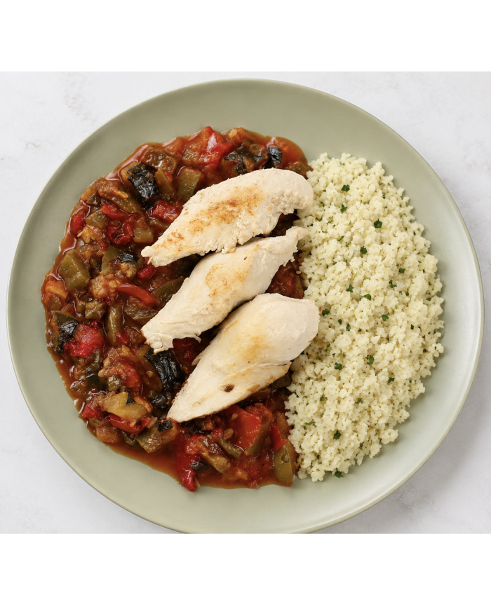 keto CONTRAMUSLO CON PISTO Y COLIARROZ