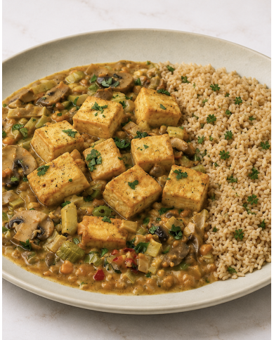 veggie TOFU STROGONOF CON ARROZ INTEGRAL