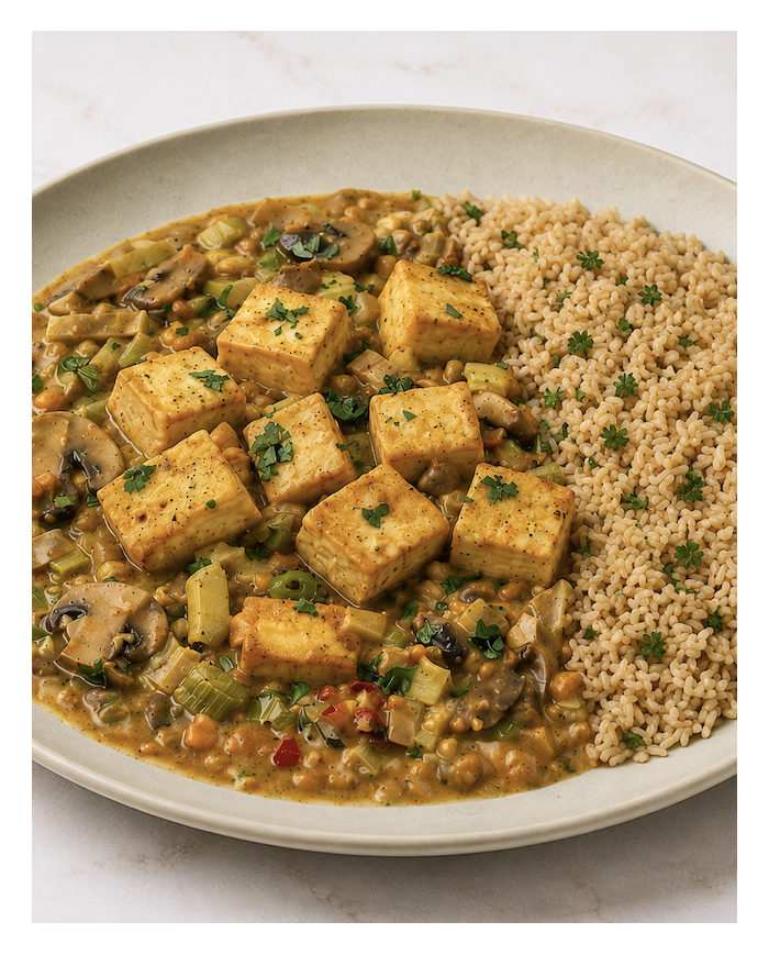 veggie TOFU STROGONOF CON ARROZ INTEGRAL