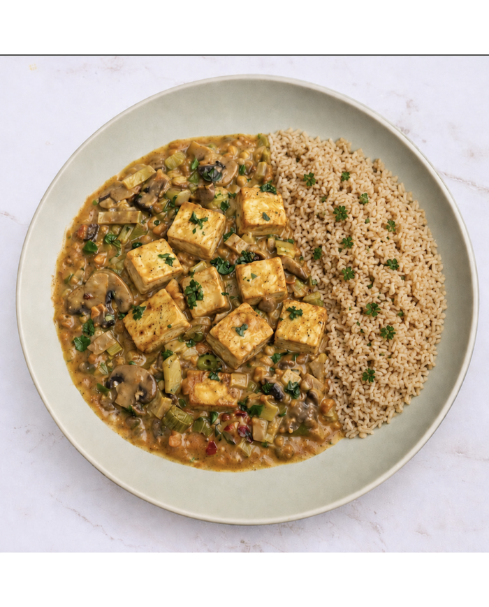 veggie TOFU STROGONOF CON ARROZ INTEGRAL