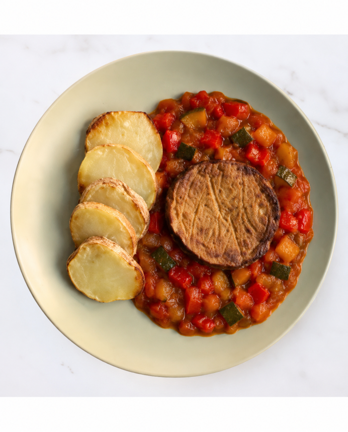 HAMBURGUESA DE LENTEJAS CON PATATAS Y PISTO