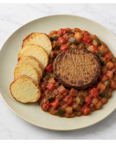 HAMBURGUESA DE LENTEJAS CON PATATAS Y PISTO