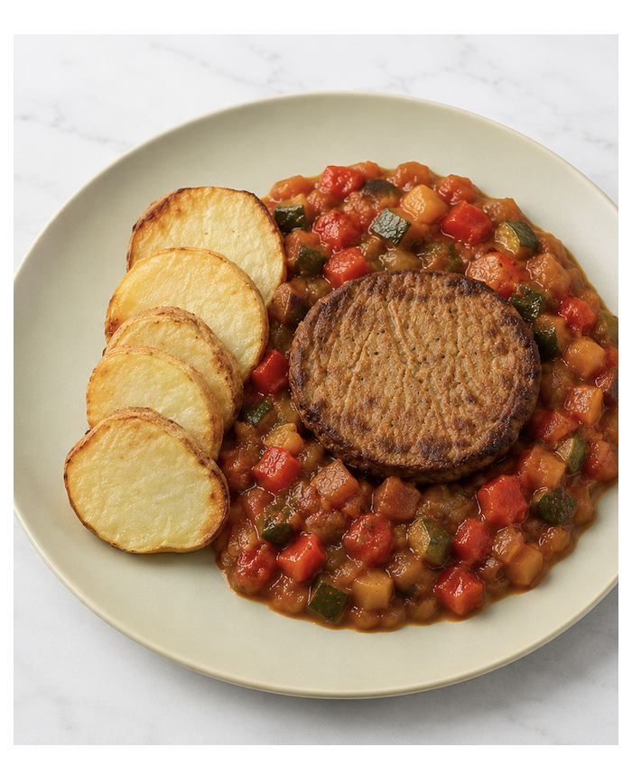 HAMBURGUESA DE LENTEJAS CON PATATAS Y PISTO