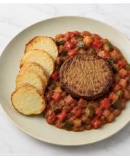 HAMBURGUESA DE LENTEJAS CON PATATAS Y PISTO