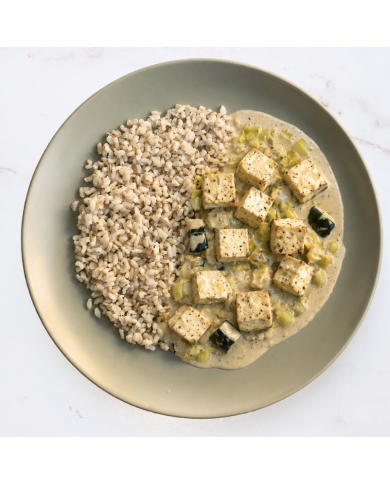 veggie TOFU EN SALSA DE CALABACÍN Y PUERRO CON ARROZ INTEGRAL