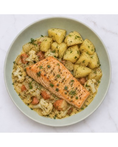 SALMÓN EN SALSA DE MOSTAZA CON PATATAS