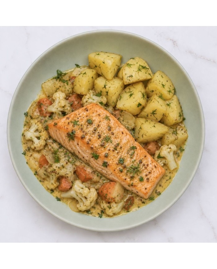 SALMÓN EN SALSA DE MOSTAZA CON PATATAS