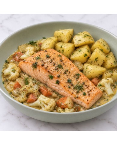 SALMÓN EN SALSA DE MOSTAZA CON PATATAS