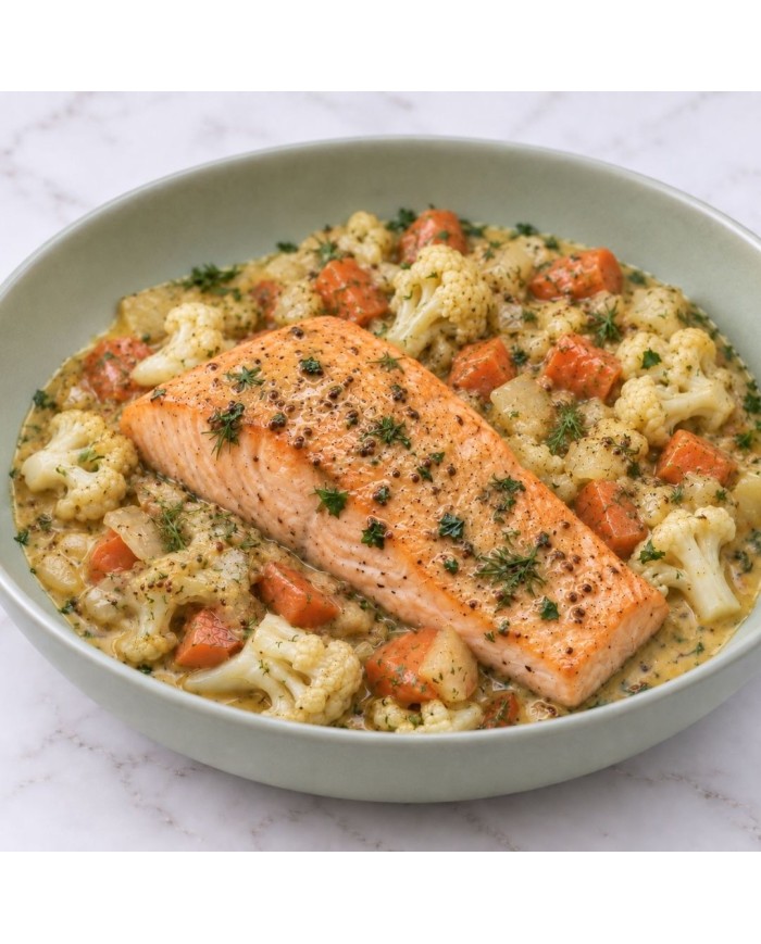 keto SALMÓN EN SALSA DE MOSTAZA CON VERDURITAS