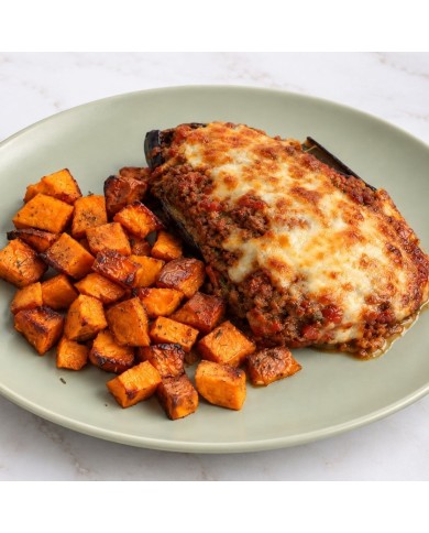 BERENJENA RELLENA DE CARNE CON BONIATO ASADO
