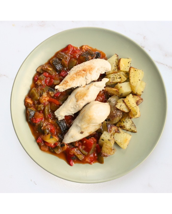 SOLOMILLO DE POLLO CON PISTO Y PATATA ASADA