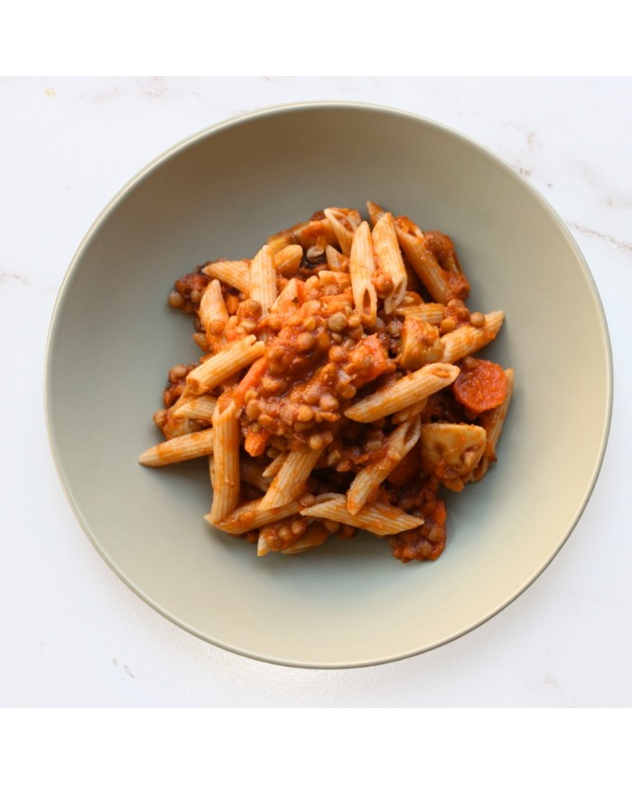 RAGÚ DE LENTEJAS CON PENNE INTEGRAL
