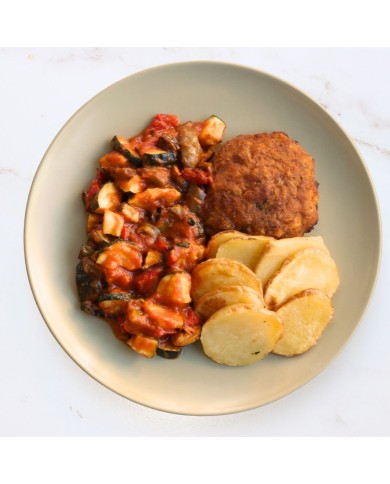 HAMBURGUESA DE ATÚN CON PATATAS Y PISTO