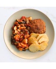 HAMBURGUESA DE ATÚN CON PATATAS Y PISTO